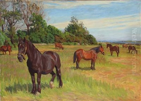 Summer Landscape With Grazing Horses - view 1