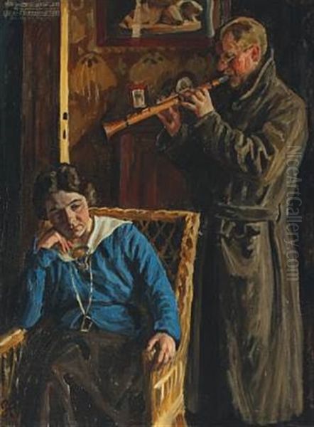 Interior, Man Playing The Clarinet To A Woman Sitting In A Wicker Chair - view 1