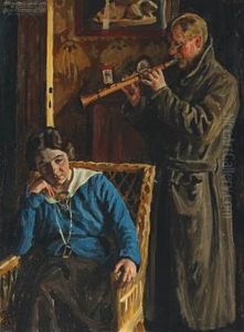 Interior, Man Playing The Clarinet To A Woman Sitting In A Wicker Chair