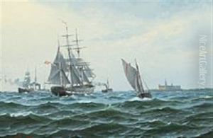 Warship With Pilot With Kronborg Castle On The Starboard