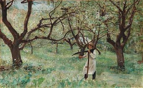 In Harvest Time, A Man Sharpening His Scythe - view 1
