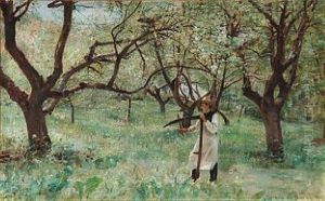 In Harvest Time, A Man Sharpening His Scythe by Sigvard Hansen