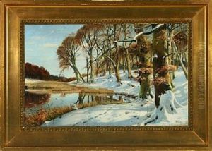 Wintry Forest With Lake And Leaping Deer by Sigvard Hansen