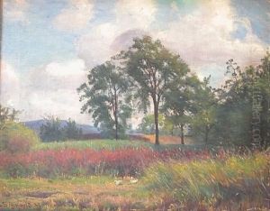 Landscape With Meadow And Ducks, Trees In Background, Hills In Far Distance by Sigvard Hansen