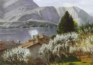 Parti Fra Lago De Como, Med Huse Og Udsigt Til Soen, I Forgrunden Blomstrende Frugttraeer