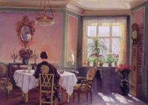 Interior Fra Den Rosa Stue Med Ung Pige Og Kakadue