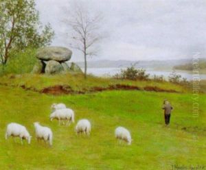 Landskab Med Far Og Vogter, I Baggrunden Stendysse by Johan Hansen-Aarslev