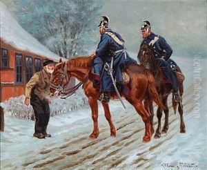 Two Dragoons In Conversation With A Man by Karl Frederik Christian Hansen-Reistrup