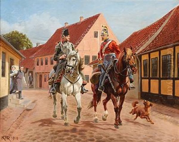 Dragon Officer And A Guard Hussar In A Street In Aarhus, Denmark - view 1