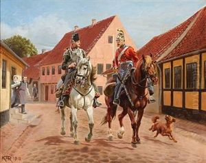 Dragon Officer And A Guard Hussar In A Street In Aarhus, Denmark by Karl Frederik Christian Hansen-Reistrup