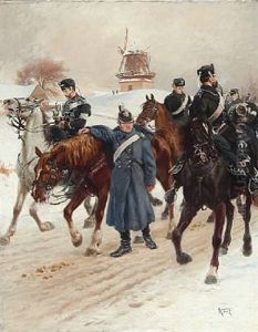 Soldiers On Horseback At Wintertime, Presumably From The Second Schleswig War 1864 With Dybbol Mill In The Background