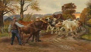 Farmers With Their Cattle On A Dirt Road