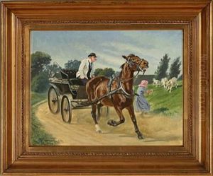 Horse Carriage Frightens A Girl With Her Sheep