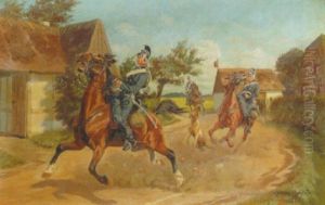 Tre Dragoner I Vildt Ridt Gennem En Landsby by Karl Frederik Christian Hansen-Reistrup