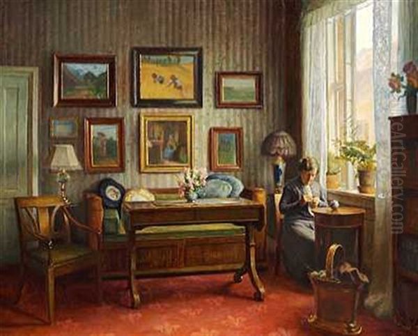 Stueinterior Med Dame Ved Et Vindue - view 1
