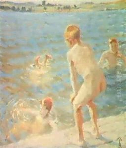 Badende Drenge Ved Faaborg Fjord by Peter Hanson
