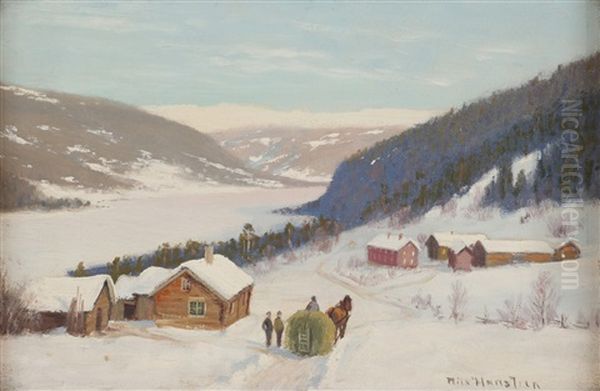 Vinterlandskap Med Gardsbygninger, Hest Og Slede - view 1