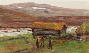 Mann Med Klovhest Ved Saeter Mann Med Klovhest Ved Saeter