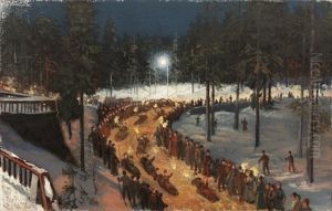 Toboggan Eller Bobslaedekorsel Ved Fakkelskin (holmenkollen?) by Nils Severin Lynge Hansteen
