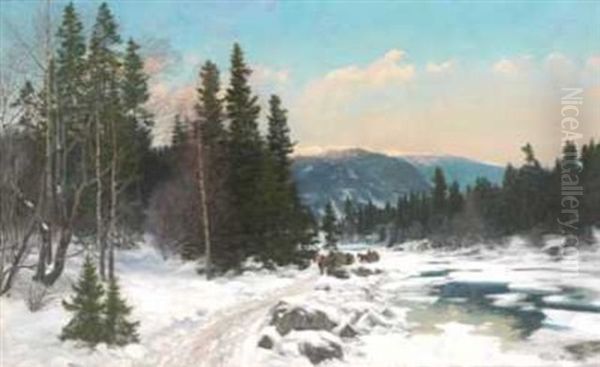 Hest Og Slede I Vinterlandskap - view 1