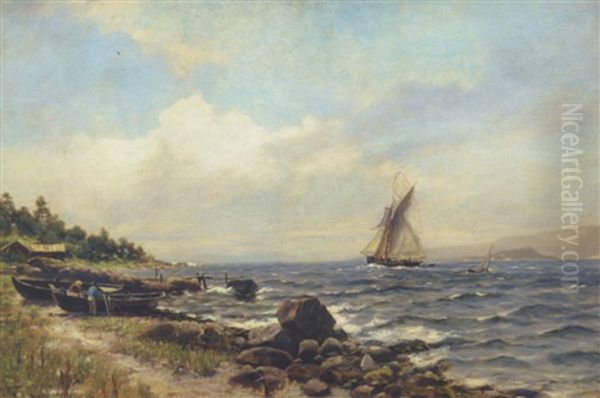 Norsk Fjordparti Med Sejlskib Ud For Kysten - view 1