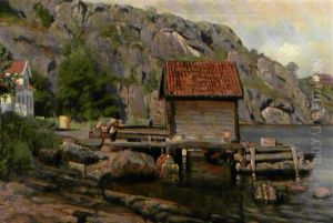 Skaergardsmotiv Med Rejsende, Der Venter Pa En Bad Skaergardsmotiv Med Rejsende, Der Venter Pa En Bad