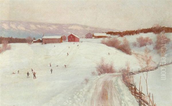 Norsk Vinterlandskab Med Skilobere - view 1