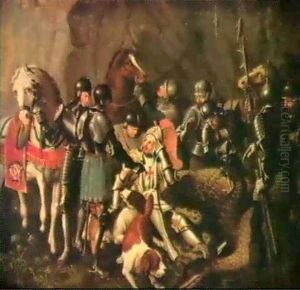 Scene De Cavaliers Avec Saint-georges Terrassant Le Dragon by Johann-Gottlieb Hantzsch