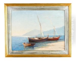 Coastal Scene With Ships And A Boat With Oar by Alexei Vasilievitch Hanzen