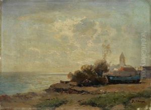 Landschaft Mit Fischerdorf Und Ruderboot