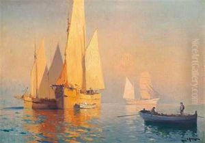 Sailing Ships On A Quiet Sea, In The Foreground Two Men In A Boat by Alexei Vasilievitch Hanzen