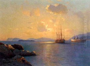 Two Ships At Sunset by Alexei Vasilievitch Hanzen