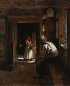 In Der Stube. Fleisige Magd Im Gesprach Mit Jungem Herrn by Jakob Happ