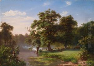 Romantische Waldlandschaft Mit Frohlich Feiernden Studenten