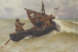 Pram Med Tre Fiskere I Havsnod Pram Med Tre Fiskere I Havsnod