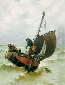 Fishermen In Stormy Sea by Georges Jean Marie Haquette
