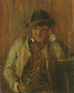 Bauer Mit Schnupftabakflasche, Am Tisch Sitzend by Edmund Harburger