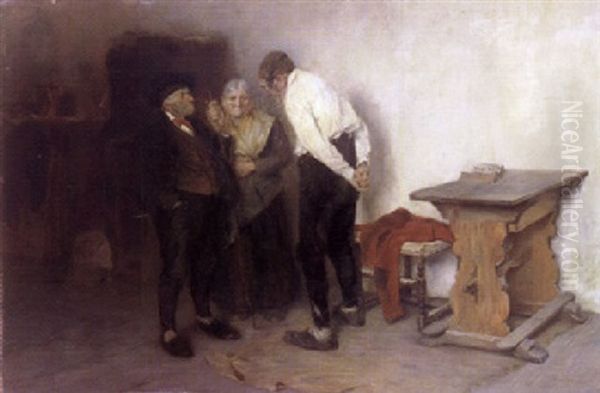 Im Gesprach Stehen Zwei Bauern Und Eine Alte Frau In Der Stube - view 1
