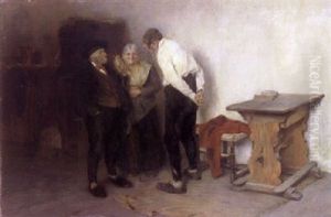 Im Gesprach Stehen Zwei Bauern Und Eine Alte Frau In Der Stube by Edmund Harburger
