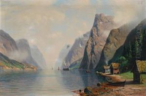 Norwegian Mountainscape With Houses And Ships