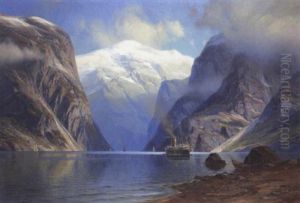 Grose Norwegische Fjordlandschaft Mit Dampfer Beim Ausbooten by Johannes Harders