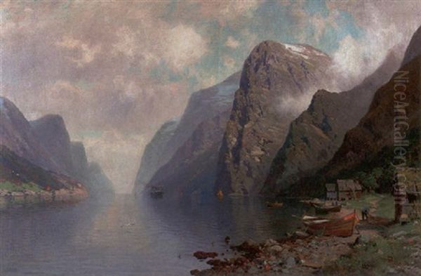 Norwegischer Fjord Mit Fischern In Der Morgensonne - view 1