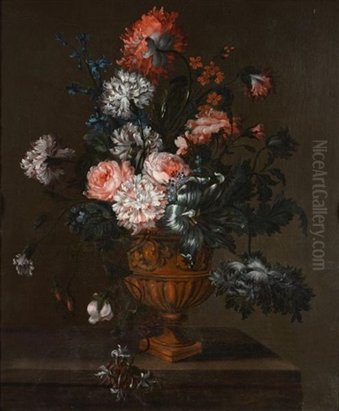 Still Life Of Roses, Carnations And Honeysuckle In An Urn - view 1