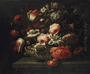 Roses, Tulips And Carnations In A Porcelain Vase, On A Stone Ledge