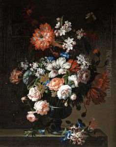 Roses, Tulips, Carnations And Other Flowers In A Glass Vase, With Honeysuckle And Morning Glory On A Stone Ledge; And (2)