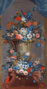 Carnations, Irises And Other Flowers In An Ornamental Stone Urn With Two Macaws Beneath A Blue Curtain by Pieter Hardime