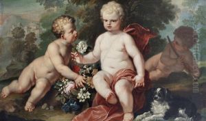 Cherubs And A Spaniel Before A Landscape