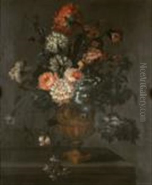 Still Life Of Carnations And Other Flowers In A Stone Urn - view 1