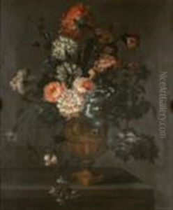 Still Life Of Carnations And Other Flowers In A Stone Urn