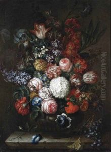 Roses, Carnations, Honeysuckle, Wisteria And Other Flowers With Blue Grapes, All On A Stone Ledge